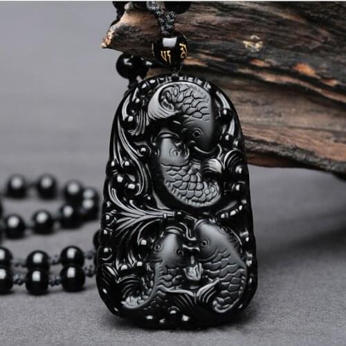 Wholesale High Quality Natural Obsidian Pendant double fish Pendant Necklace Jewelry For Men lucky Necklace Chain Accessories