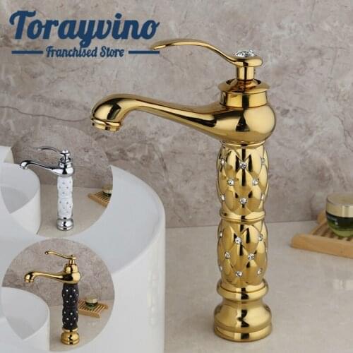 Luxury tall bathroom faucet Basin Faucets Brass with Diamond gold white black and chrome taps Single Handle Washbasin mixer Tap
