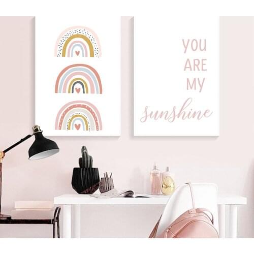Pink Rainbow Canvas Print You Are My Sunshine Quotes Painting Nursery Wall Art Poster Nordic Wall Pictures Kids Baby Room Decor