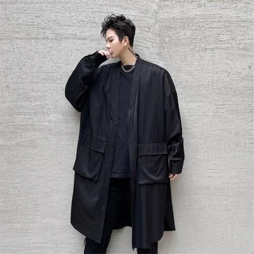 Big Pockets Black Oversized Shirt Men Japanese Fashion Harajuku Long Shirts Side Slit Casual Streetwear Blouse For Man