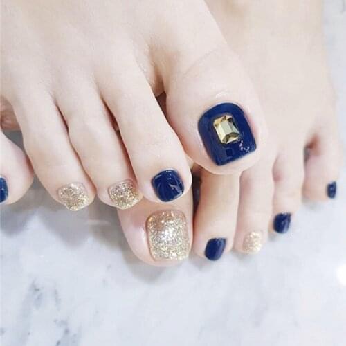 Blue and shining golden hit pure color with golden gemstone 3d decrated false nails for toe summer cute toe nails full nail tips
