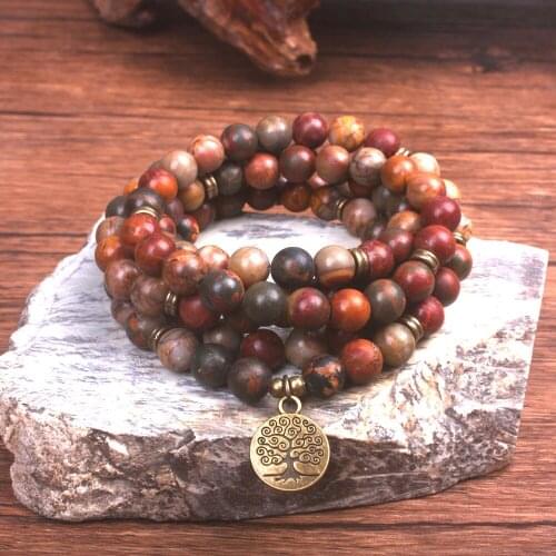 Vintage Design Tree Of Life Jewelry 8mm Picasso Jaspers 108 Mala Bracelet High Quality Yoga Spiritual Bracelet