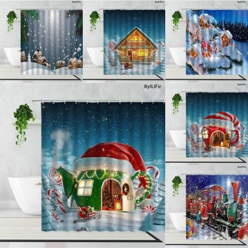 Merry Christmas Santa Claus Snowman Shower Curtains Holiday Decor Bathroom Curtain Set Waterproof Polyester With Hooks Screen