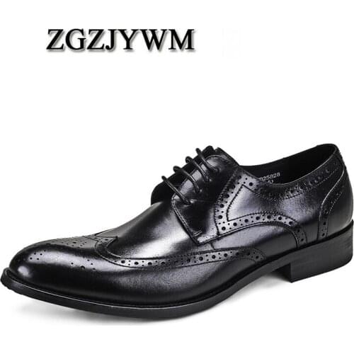ZGZJYWM New Breathable Carved Classic Business Lace-Up Black/Red/Coffee Pointed Toe Dress Genuine Leather Wedding Oxfords Shoes
