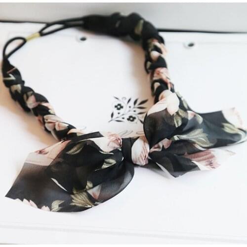 Fashion Chiffon Ribbon Bow Twist Headbands For Women Elastic Handmade Flower Print Adjustable Headwear Hair Accessories 3 Colors