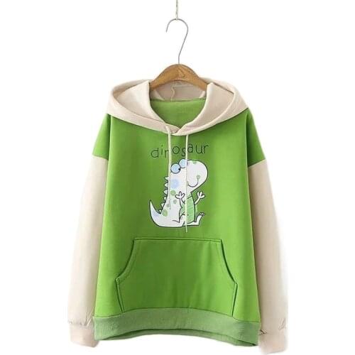 Womens Korean Cartoon Print Hit Color Patchwork Hooded Sweatshirt Fleece Warm Long Sleeve Hoodies Girl Casual Pullovers 2012030