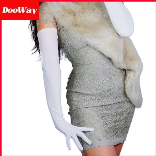 DooWay Women Elegent White Velvet Gloves Extra Long 28 inches Stretchy