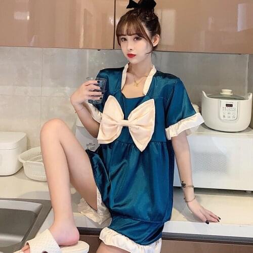 Women Satin Pajama Set 2 Pcs Sleepwear Suit Set Loungewear Big Bow Front Short Sleeve PJ Set Loose Patchwork Lounge Sleep Shirt