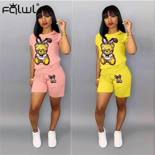FQLWL Cartoon Print Neon Pink Summer Club Outfits 2 Piece Set Women Suit Long T Shirt Shorts Set Ladies Tracksuits Matching Sets