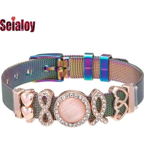 Seialoy Rose Gold Double Heart Beads Stainless Steel Mesh Bracelet For Women Original Shiny Round Charm 10mm Bangle Jewelry Gift