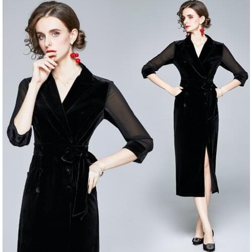 ZUOMAN Women Autumn Elegant Velvet Dress Festa High Quality Long Office Party Robe Femme Mesh Sleeve Designer Pencil Vestidos