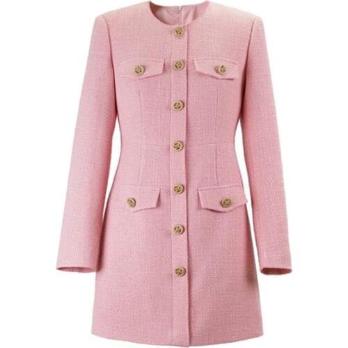 French style autumn small fragrance tweed waeve dress women single breasted slim long sleeve a-line party dress