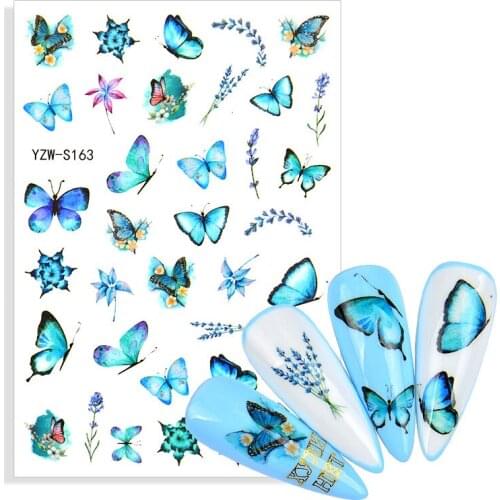 2021 NEW Butterflies Nails Art Manicure Stickers Blue Black Decals Spring Theme Flowers Lavender Nail Decoration Manicure
