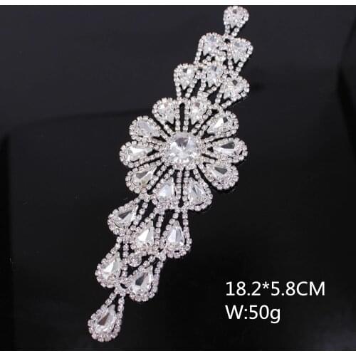 Fashion handmade crystal brilliant applique with stone tassel silver rhinestone applique trim for bridal wedding belt DIY sewing
