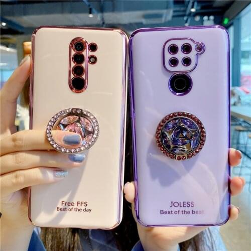 Redmi Note 10 Pro 9 9s 9T 8 7 Case Diamond Ring Holder Plating Soft Cover for Xiaomi Redmi 9 Mi 11 10T Lite 9 8 Lite A3 Poco X3