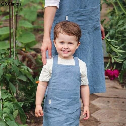 Kids 100% Linen Apron Kitchen Baking Uniform With Pocket Boys Girls Apron Kitchen Child Painting Craft Anti Fouling Apron