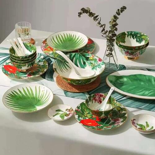 Jungle Tableware Set Bone China Dinnerware Set Big Fish Plate Soup Bowl 28pcs /set Golden Rim Rice Bowl Flat Plate Flower Design
