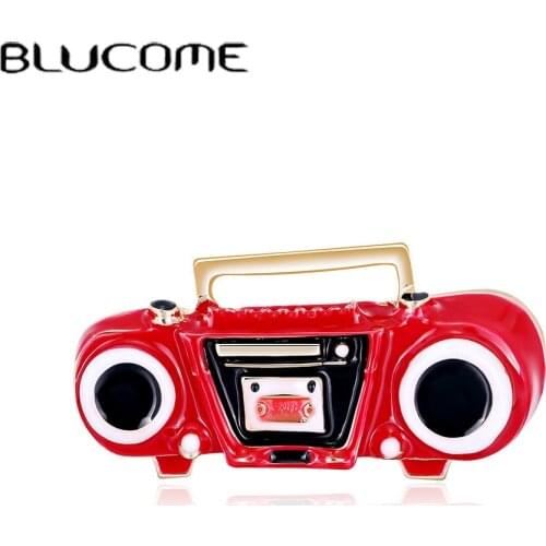 Blucome Enamel Red Radio Repeater Shape Brooch Pins Gold Color Vintage Home Appliances Brooches Bag Hat Accessories Kids Gifts