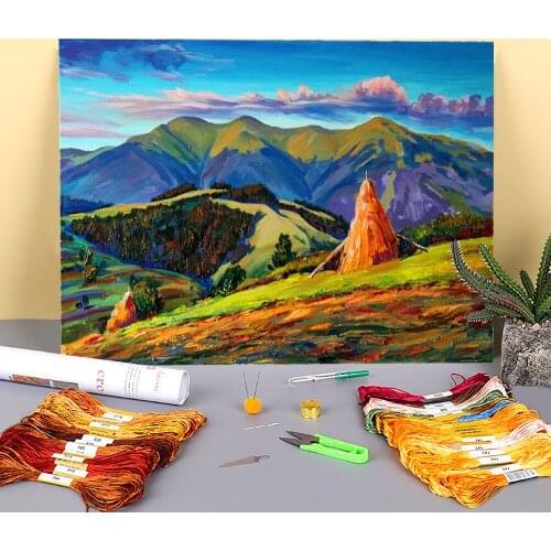 Landscape Afternoon Printed Water-Soluble Canvas 11CT Cross-Stitch Embroidery Full Kit DMC Threads Hobby Craft Adults