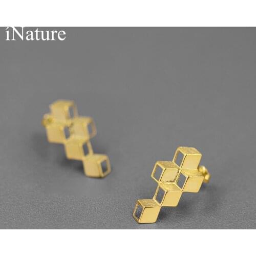 INATURE New Trendy Geometric Square Shape Stud Earrings 925 Sterling Silver Handmade Jewelry Gift