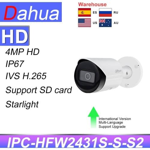 Dahua Original IP camera IPC-HFW2431S-S-S2 4MP PoE SD Card Slot H.265 IP67 IK10 Upgradeable Mini Bullet Camera Starlight IVS WDR