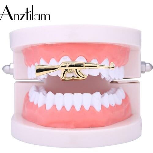 Anztilam Gold Silver Color Rifle Shape Teeth Grillz Copper Material Tooth Grills Caps For Women Men Dental Jewelry