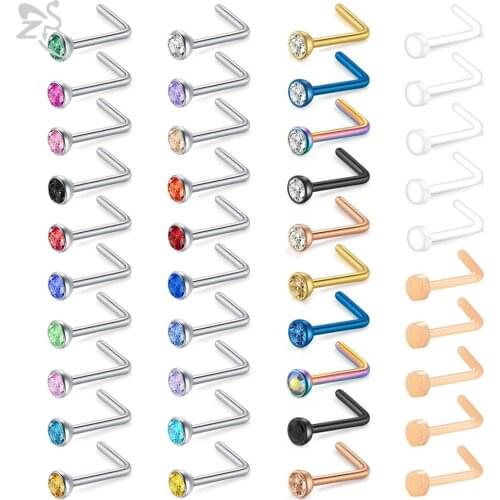 ZS 40 PCS/lot Stainless Steel Nose Stud Set 3MM Colorful Cubic Zirconia Nose Piercings Bioflex Nose Rings 20g Piercing Jewelry