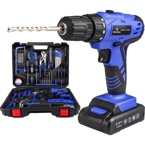 DEDEO 21V Tool Kit with Drill 247 In-lb Torque 0-1350RMP Variable Speed 10MM Keyless Chuck 18+1 Clutch 1.3Ah Li-Ion Battery