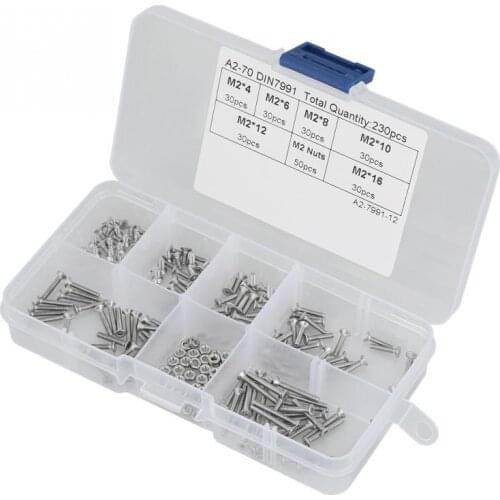 230Pcs M2*4/6/8/10/12/16mm Stainless Steel Flat Countersunk Head Bolt Screws Nuts With Box Assortment Kit Hex Socket Screw Bolt