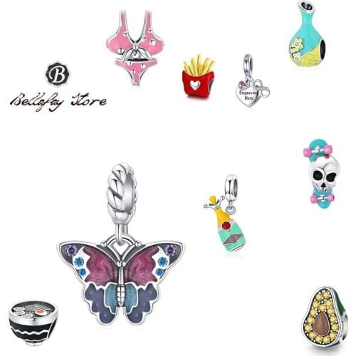 Bellafay Customed Real 925 Silver Charms Butterfly Pendant Avocado Bikini Beads Fits Original Bracelet Bangles Women DIY Jewelry