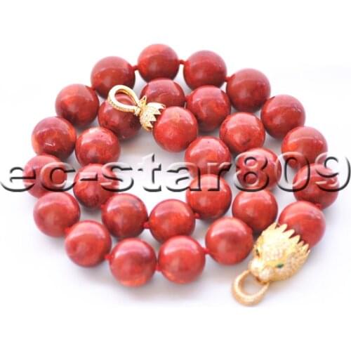S2265 Huge 24" 18mm Natural Round Red Coral Bead Necklace Cougar CZ