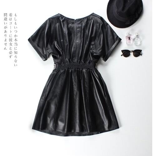 Style New Women Fashion Genuine Leather Dress With Short Sleeve