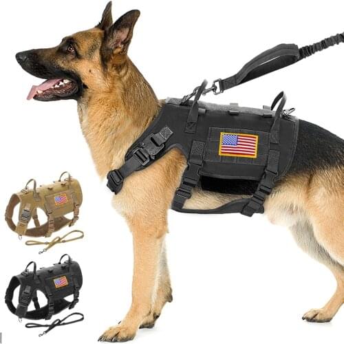 Military Tactical Dog Harness Leash Large Dogs Training Harness Vest With Pouch Working Dog Vests Pet Bungee Leash 2 Handles