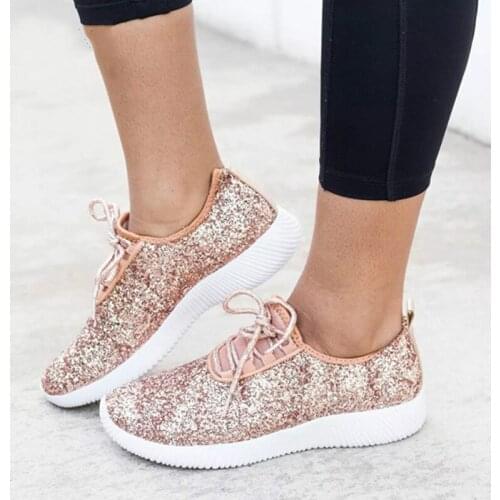 Vulcanized Shoes Women Casual Shoes Women Glitter Sneakers Bling White Sneakers Lace-up Sparkly Shoes