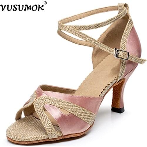 VUSUMOK Modern velvet net Women Latin Tango Salsa Ballroom Dance Shoes Girls Ladies Shoes Square Lace Heels Plugs size