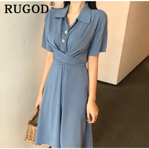 RUGOD Tunic women dress solid single-breasted elegant summer dress a line casual office ladies wearing modis femme vestido