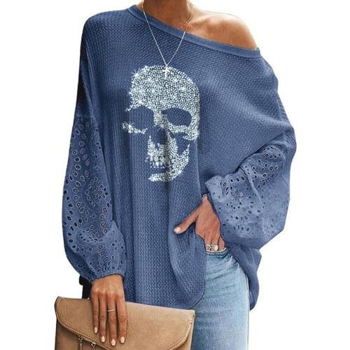 Women Vintage Sequins Skull Head T Shirt Women Hollow Out Lace Tops Female T-shirt Long Sleeve Shirt