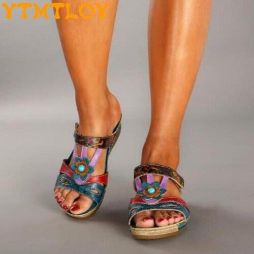 European and American foreign trade womens sandals and slippers new ethnic style sandals womens slope with color cross-border