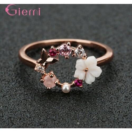 New Crystal Metal Flower Branch Leaf Wedding Finger Rings For Women Rose Gold Zircon Birthday Gift Jewelry