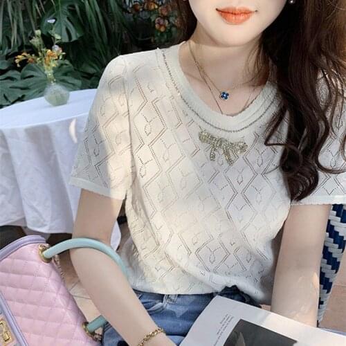 White Bow Diamond Knitwear 2021 Summer New Round Collar Hollow Slim Knitted Top Fashion Women T-shirt Kawaii Clothes