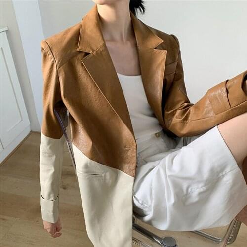 Women New 2021 Spring Fashion Brown Faux Leather Blazer Coat Vintage Long Sleeve Hit Color Female Outerwear High Street PU Tops