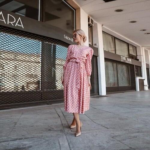 Women Casual Dot Printed Sashes Dress Wrist Sleeve Sexy V Neck Elegant Mid Dress 2021 Spring New Women Vintage Party Dress