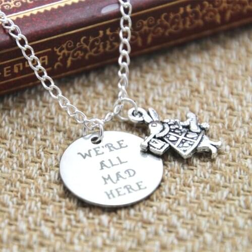 12pcs/lot Alice in Wonderland We're all MAD here Necklace rabbit charm jewelry silver tone