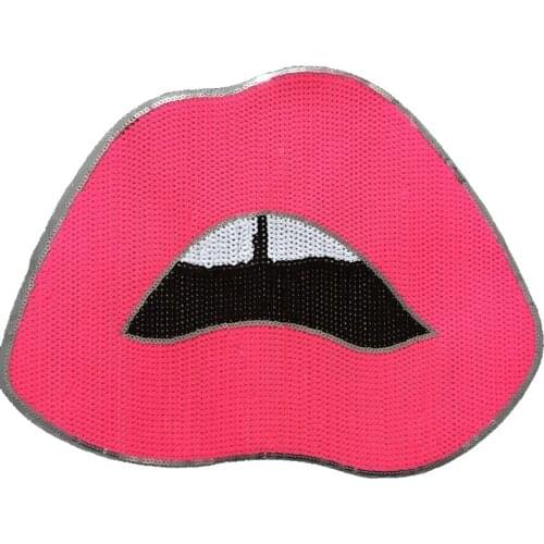 2019 New Large Pink Lips Sequined Sew Iron on Patches for Clothes Lime Green Mouth Sequins Patch DIY Craft Sewing Decals 1 PC