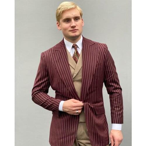 2021 Burgundy Stripe Mens Business Tuxedos Slim Fit Groom Wedding Suits Formal Prom Party Outfit Only One Jacket