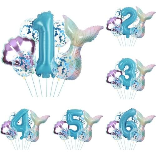 7Pcs Mermaid Birthday Number Balloon Decoration Aluminum Balloons Decoration Birthday Party Supplies Gradient Number Balloon