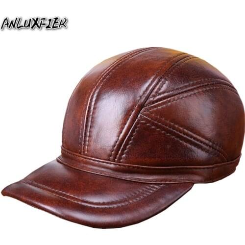 B-7254 Genuine Leather Hat Adult Autumn Winter Warm Baseball Cap Male Earmuffs Sheepskin Hat Elderly Outdoor Peaked Cap