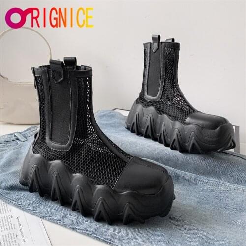 Orignice Women Genuine Leather Platform Sandals Ankle Boots Summer Hollow Out Mesh Spring Square Toe Zipper Shoes Black White