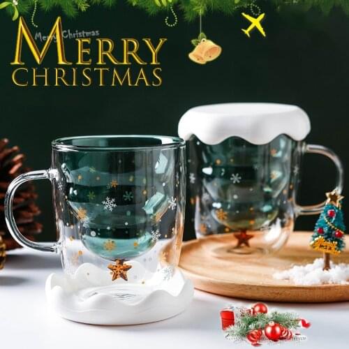 Double Layers Christmas Glass Cup Anti-Scalding Glass Cup Christmas Tree Star Cups 300Ml Milk Juice Coffee Mug Party Xmas Gifts