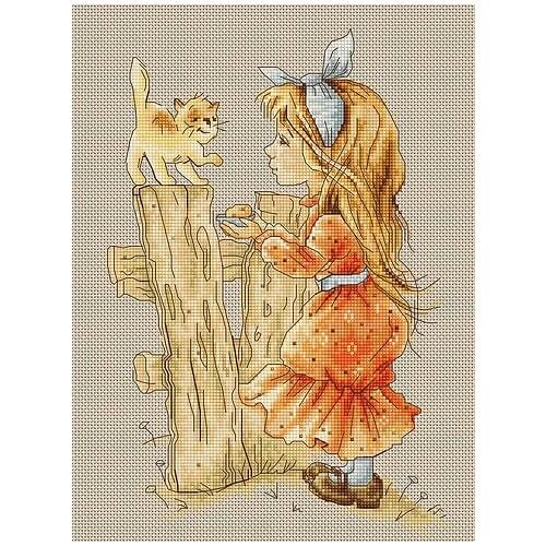 Top Quality Lovely Cute Counted Cross Stitch Kit On Railing Feeding Feed Little Girl and Cat Kitten luca-s luca b1106